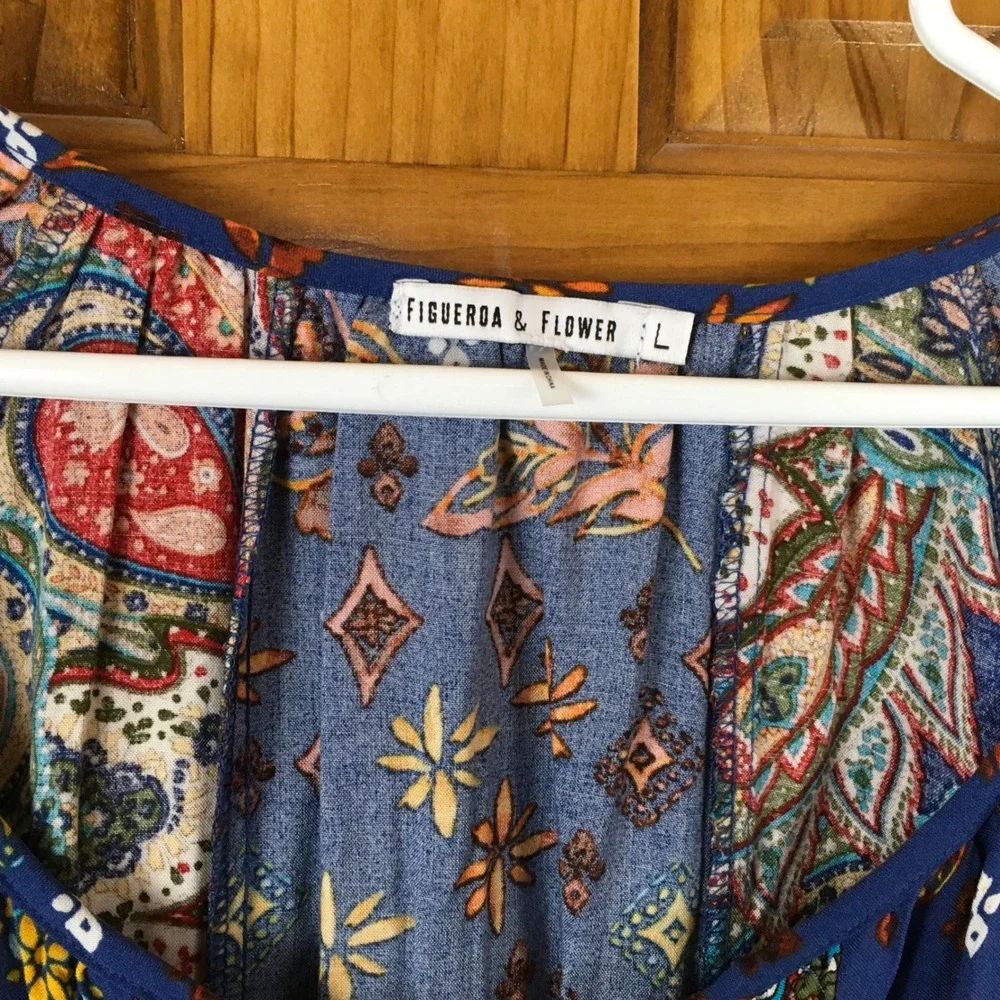 Figueroa & Flower Blue‎ Paisley Patchwork Peasant Blouse Lg Indie Hippie
